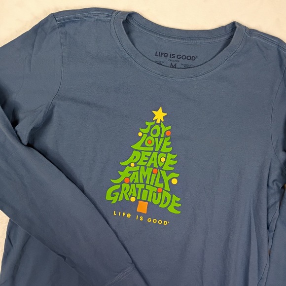 Life is Good Womens Crusher Long Sleeve Christmas Tree Graphic Tee Blue Medium - Picture 2 of 9